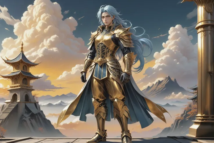 anime style, golden sunrise, full body, character concept art, (full body:1.2), 1boy, man, bishounen, solo, [:fantastical costume design,:0.2] priest, shiny lightslategray (ancient gold armor,gauntlets,shield,chestplate,greaves:1), korean, shiny deepskyblue hair, (average:1) build, noon, blue sky, clouds, architecture, "at the Ultraviolet forgotten Machine"<lora:EnvyStarlightGuldenSunrise01:1>