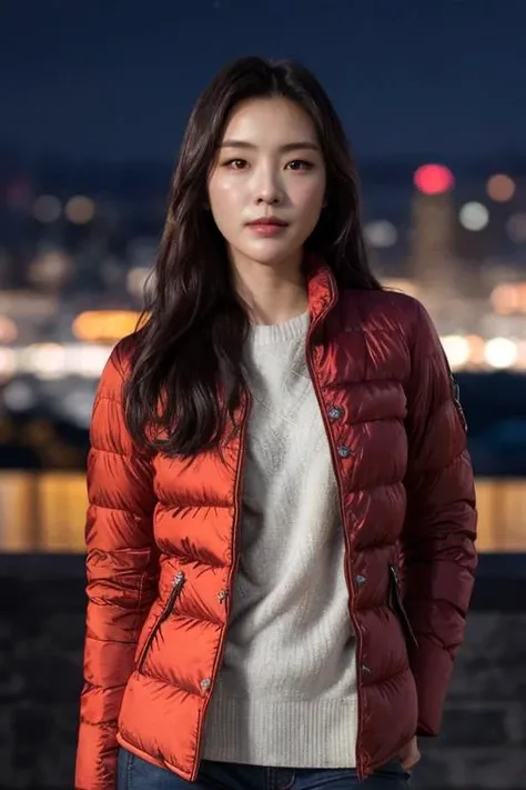 1girl, solo, (skinny body:1.2), upper body, closed mouth, (small breast:1), ((winter clothes, padded jacket)), asymmetrical hair, standing, (photorealistic:1.4), masterpiece, 8k HDR, (realistic:0.2), natural lighting, colorful light, (looking at viewer), (detailed background:1.1), panorama, ((night)), slender,