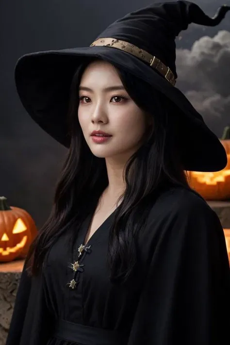 1girl, solo, 4k HDR, realistic, ultra detailed, natural lighting, wearing a witch outfit with long hair, halloween theme background with gloomy pumpkin glowing in the dark and full moon, scattered cloud, asymmetrical wavy long hair, black hair, (detailed face), (detailed background :1.1), upper body, wearing witch hat, black shirt under magic pattern robe,