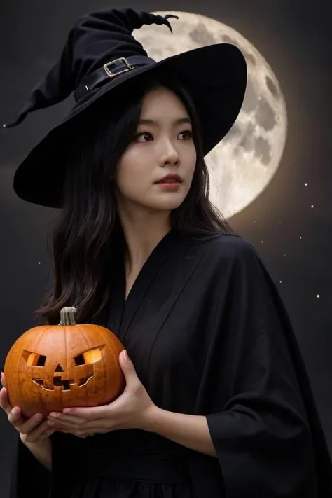 1girl, solo, 4k HDR, realistic, ultra detailed, natural lighting, wearing a witch outfit with long hair, halloween theme background with gloomy pumpkin glowing in the dark and full moon, scattered cloud, asymmetrical wavy long hair, black hair, (detailed face), (detailed background :1.1), upper body, wearing witch hat, black shirt under magic pattern robe,