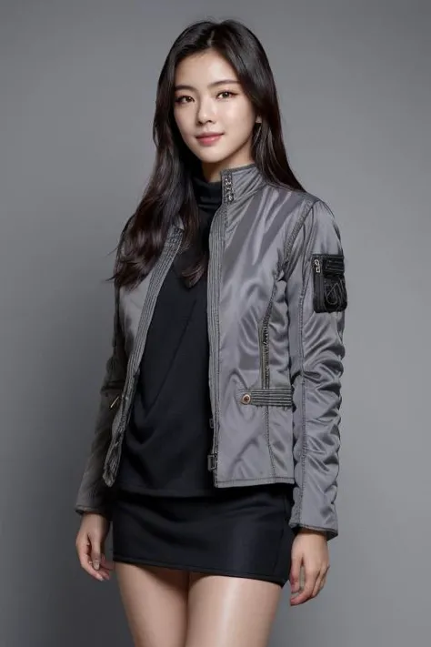 masterpiece, best quality, ultra-detailed, ultra high res, (photorealistic:1.4), raw photo, (realistic:0.2), 8k HDR, realistic lighting, 1girl, solo, (looking at viewer), smile, asymmetrical hair, (detailed skin), (detailed face), (simple gray background :1.1), (full body:1.5), ((winter clothes, padded jacket)),