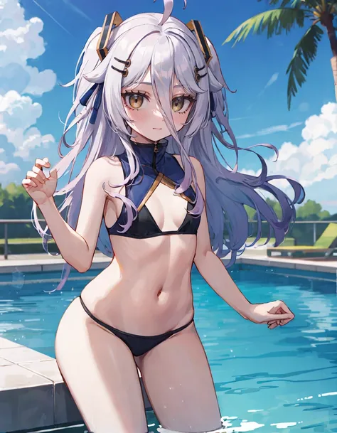 masterpiece, detailed, high quality, absurdres, henya, 1girl, solo, blush, light smile, small breasts, curvy,
BREAK one-piece swimsuit, highleg, frills, criss-cross halter, cleavage cutout,
BREAK lying, partially submerged,
BREAK pool, water, palm tree, blue sky, reflection,