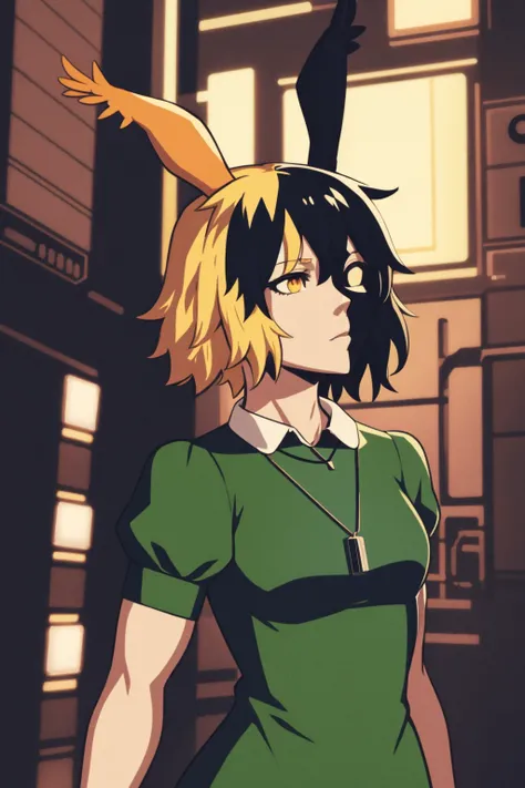 masterpiece, best quality, 1girl, heather, black hair, blonde hair, short hair,  two-tone hair, rabbit ears, necklace, green dress, short puffy sleeves, upperbody,  solo,cyberpunk city, neon light, cyberpunk background <lora:Heather:1>