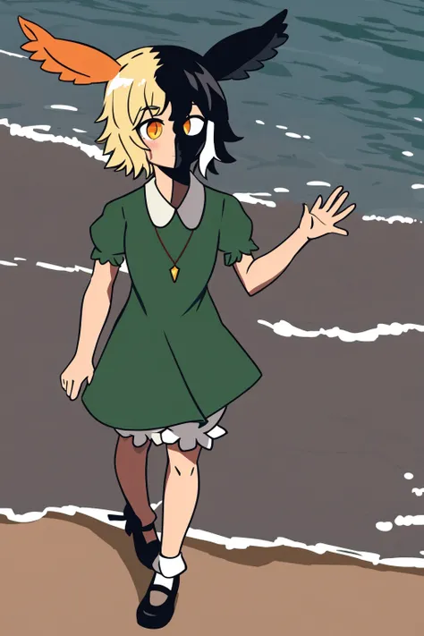 masterpiece, best quality, 1girl, heather, black hair, blonde hair, short hair, two-tone hair, rabbit ears, full body, necklace, green dress, short puffy sleeves, bloomers, socks, shoes, solo, sea, sand, beach background <lora:Heather:1>