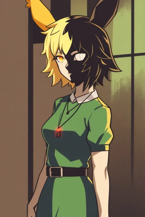 masterpiece, best quality, 1girl, heather, black hair, blonde hair, short hair, two-tone hair, rabbit ears, necklace, green dress, short puffy sleeves, upperbody, solo,cyberpunk city, neon light, cyberpunk background <lora:Heather:1>