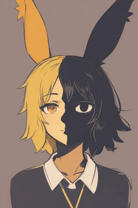 masterpiece, best quality, 1girl, heather, black hair, blonde hair, short hair, two-tone hair, rabbit ears, closeup, sketch, solo, simple background <lora:Heather:1>