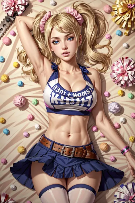 JulietChainsaw, 1girl, solo, blonde hair, cheerleader, midriff, candy, twintails, thighhighs, blue eyes, navel, crop top, skirt, breasts, food, belt, lollipop, cleavage, lying, wristband, miniskirt, clothes writing, on back, pom pom (cheerleading), large breasts
<lora:epi_noiseoffset2:1>,   <lora:JulietChainsaw:0.7>