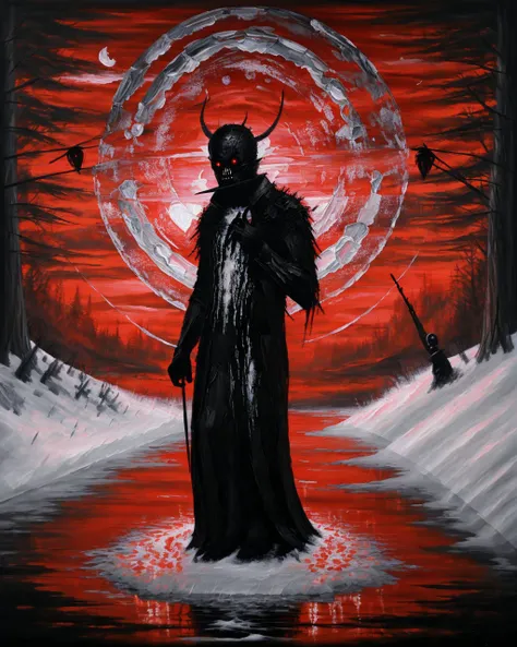 (masterpiece, best quality, high quality, highres), <lora:AbstractDarkFantasy:1>, dark, sun, winter, monster, oil painting