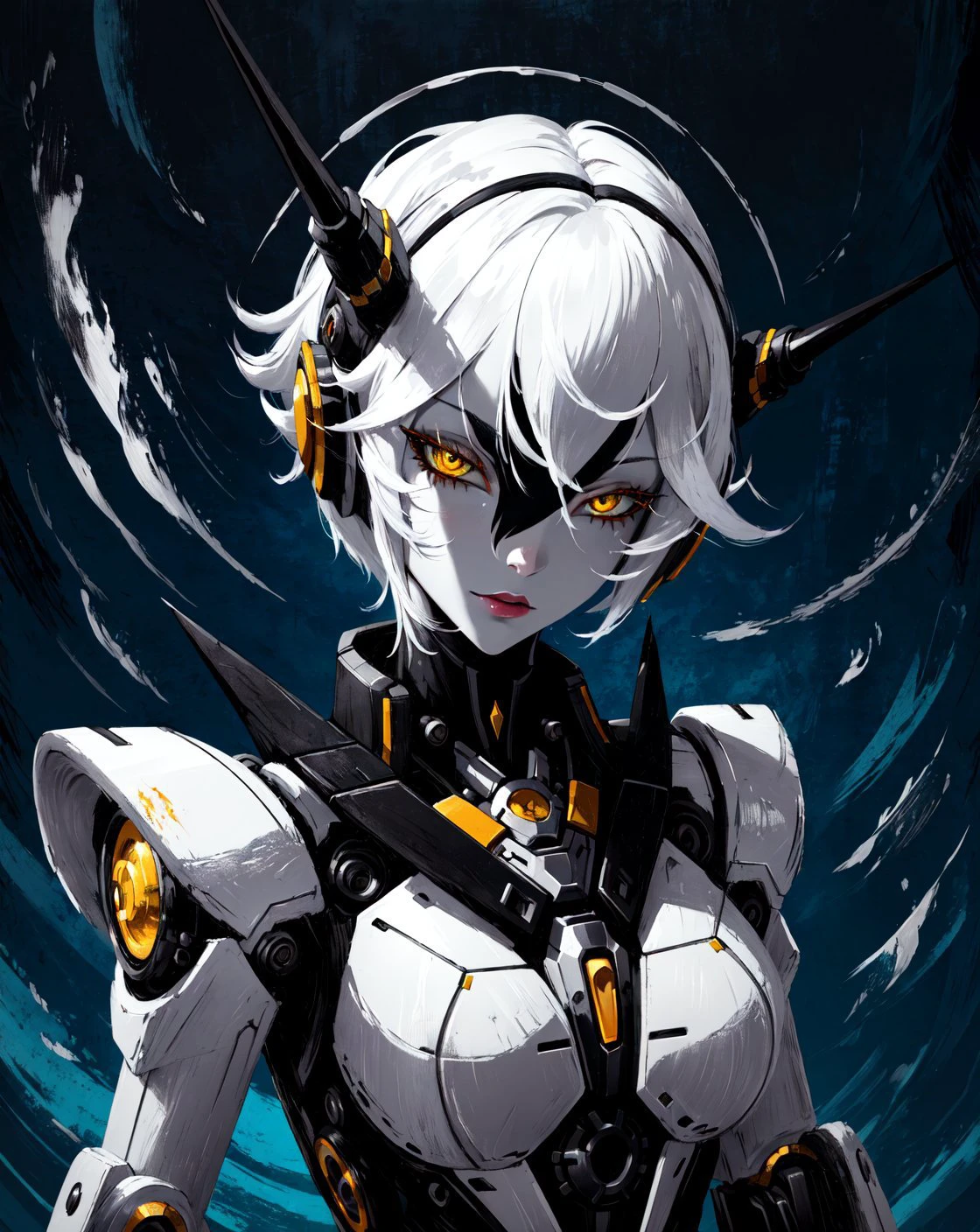 (masterpiece, best quality, high quality, highres, ultra-detailed), <lora:AbstractDarkFantasy:1>, <lora:AMechaSSS:0.8>, dark,mechanical parts, robot joints, 1girl, white hair, white gloves,monster, yellow eyes, upper body, blu sky, oil painted