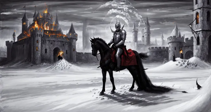 (masterpiece, best quality, high quality, highres, ultra-detailed), <lora:AbstractDarkFantasy:0.8> , winter, monster,dark, sun, knight armor, oil painted, torch, castle,