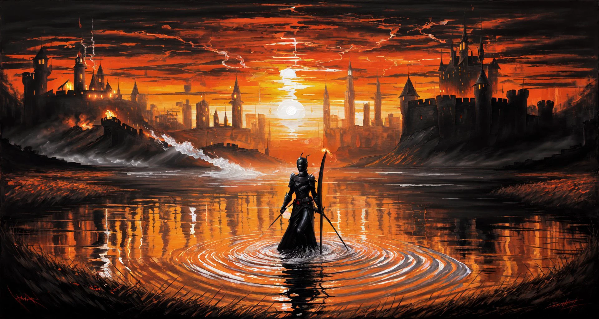 (masterpiece, best quality, high quality, highres, ultra-detailed), <lora:AbstractDarkFantasy:0.8> , orange,dark, sun, knight armor, girl in water, oil painted, torch, castle,