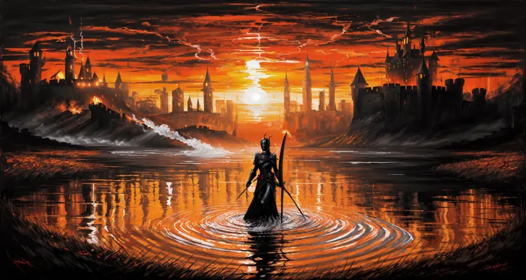 (masterpiece, best quality, high quality, highres, ultra-detailed),  <lora:AbstractDarkFantasy:0.8> ,  orange,dark, sun, knight armor, girl in water, oil painted, torch, castle,