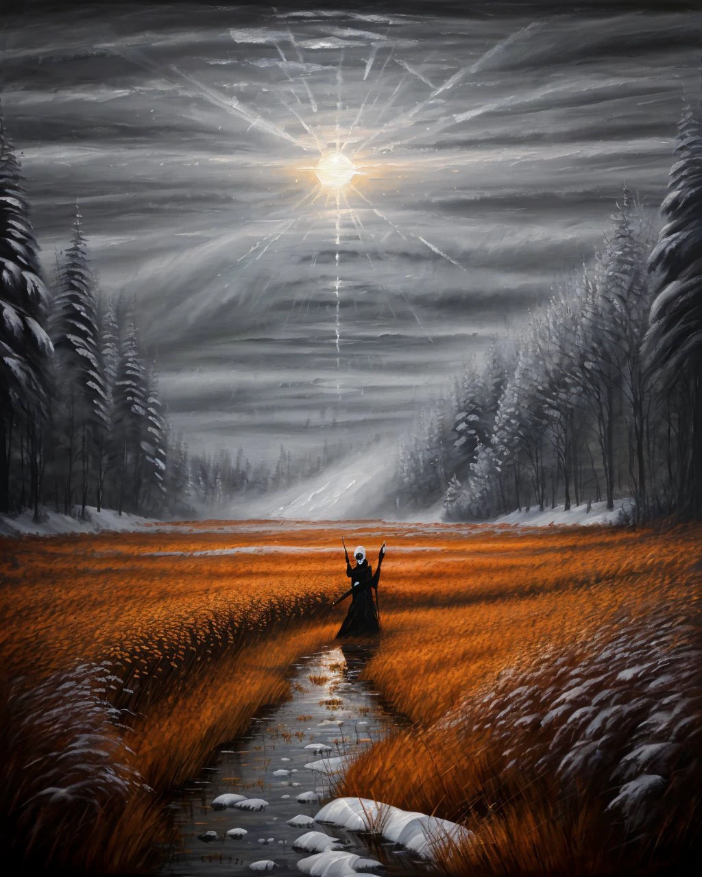 (masterpiece, best quality, high quality, highres), <lora:AbstractDarkFantasy:1>, dark, sun, winter, monster, field of grass,(oil painting:1.2)