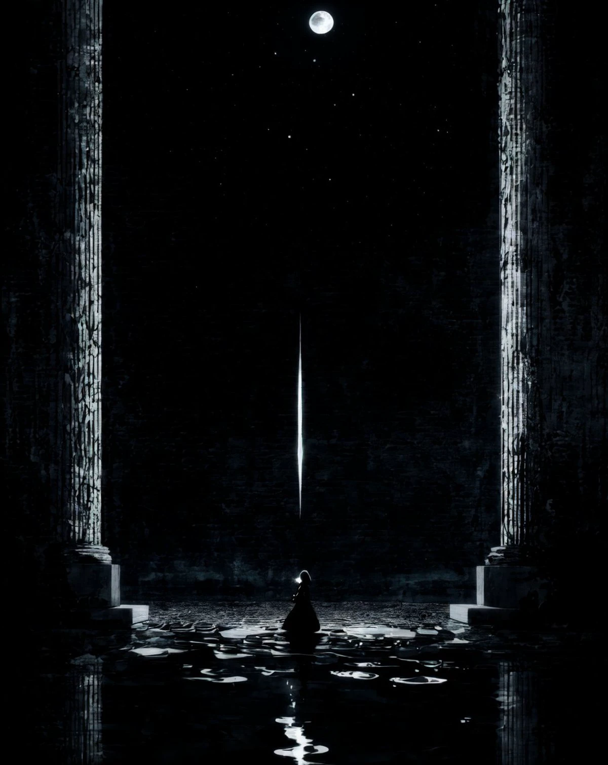(masterpiece, best quality, high quality, highres, ultra-detailed), <lora:AbstractDarkFantasy:1>, 1girl, black hair, black gloves, , dark, moon, abstract background, pillars