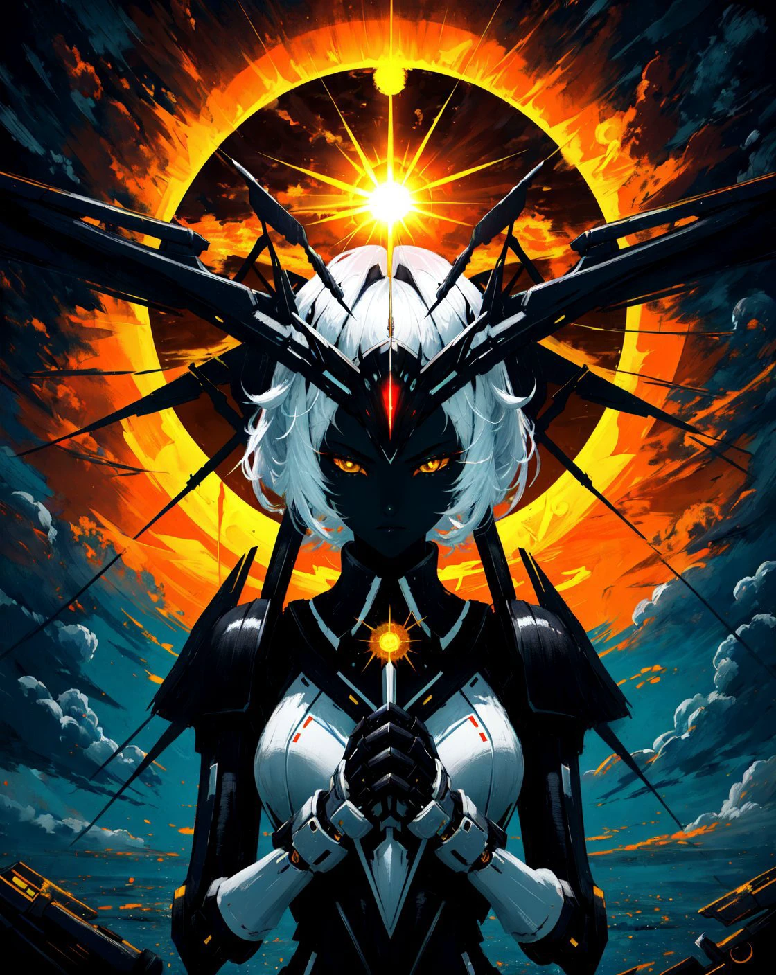 (masterpiece, best quality, high quality, highres, ultra-detailed), <lora:AbstractDarkFantasy:1>, <lora:AMechaSSS:0.8>,sun, dark,mechanical parts, robot joints, 1girl, white hair, white gloves,monster, yellow eyes, upper body, blu sky, oil painted