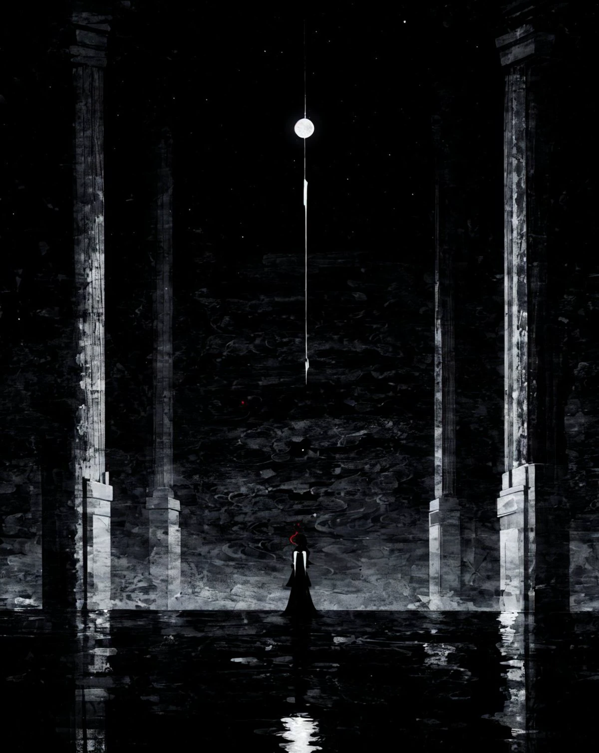 (masterpiece, best quality, high quality, highres, ultra-detailed), <lora:AbstractDarkFantasy:1>, 1girl, black hair, black gloves, , dark, moon, abstract background, pillars