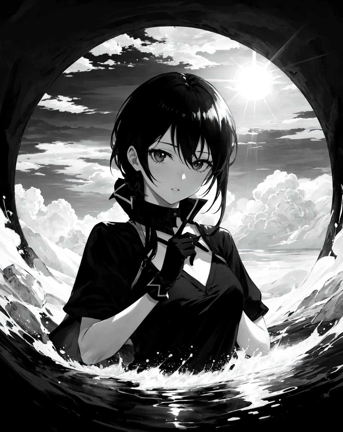 (masterpiece, best quality, high quality, highres, ultra-detailed), <lora:AbstractDarkFantasy:0.8>,<lora:MangaHentaiStyleConceptv2:1.2>, 1girl, black hair, black gloves, sun, dark, monochrome, black and white, (manga:1.2),