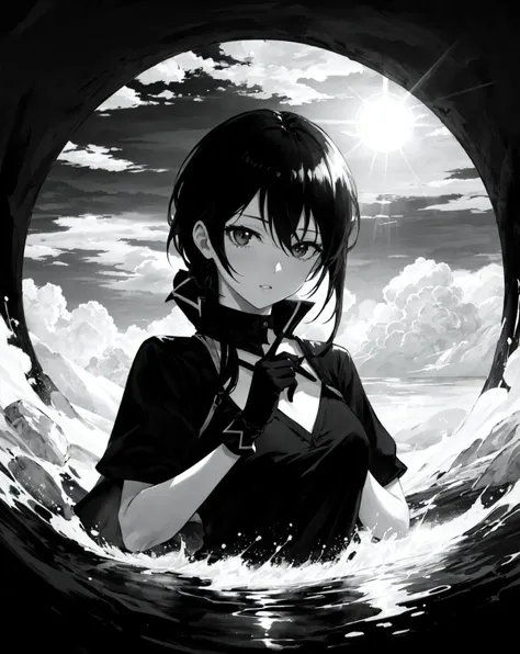 (masterpiece, best quality, high quality, highres, ultra-detailed),  <lora:AbstractDarkFantasy:0.8>,<lora:MangaHentaiStyleConceptv2:1.2>, 1girl, black hair, black gloves, sun, dark, monochrome, black and white, (manga:1.2),