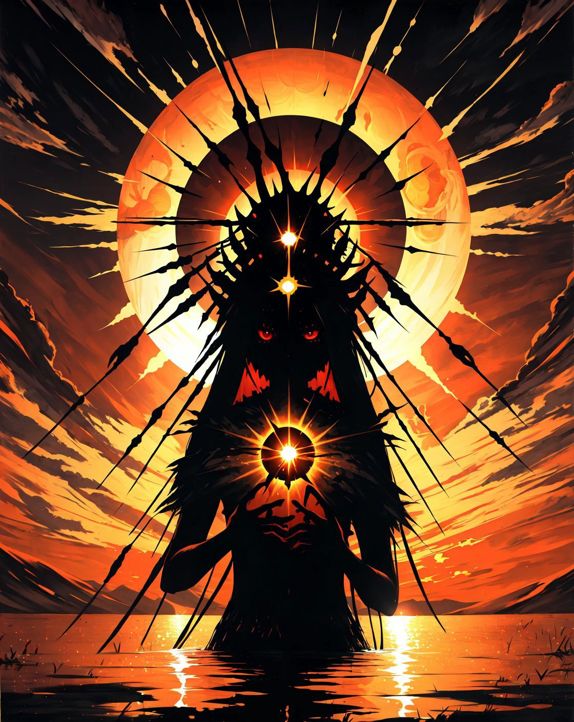 (masterpiece, best quality, high quality, highres, ultra-detailed), <lora:AbstractDarkFantasy:0.8>, white, sun, dark, monster, upper body, red eyes, oil, magazine scan,