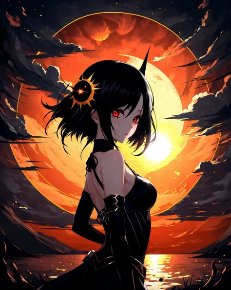 (masterpiece, best quality, high quality, highres, ultra-detailed),  <lora:AbstractDarkFantasy:0.8>, 1girl, black hair, black gloves, sun, dark, monster from behind,