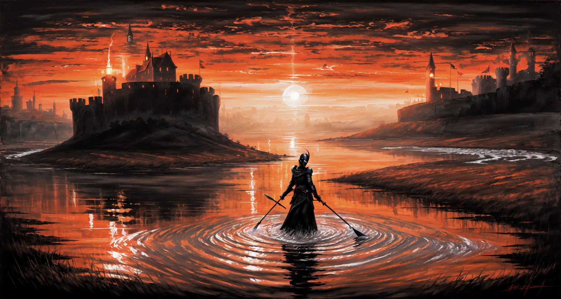 (masterpiece, best quality, high quality, highres, ultra-detailed), <lora:AbstractDarkFantasy:0.8> , orange,dark, sun, knight armor, girl in water, oil painted, torch, castle,