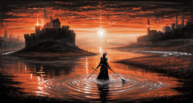 (masterpiece, best quality, high quality, highres, ultra-detailed),  <lora:AbstractDarkFantasy:0.8> ,  orange,dark, sun, knight armor, girl in water, oil painted, torch, castle,