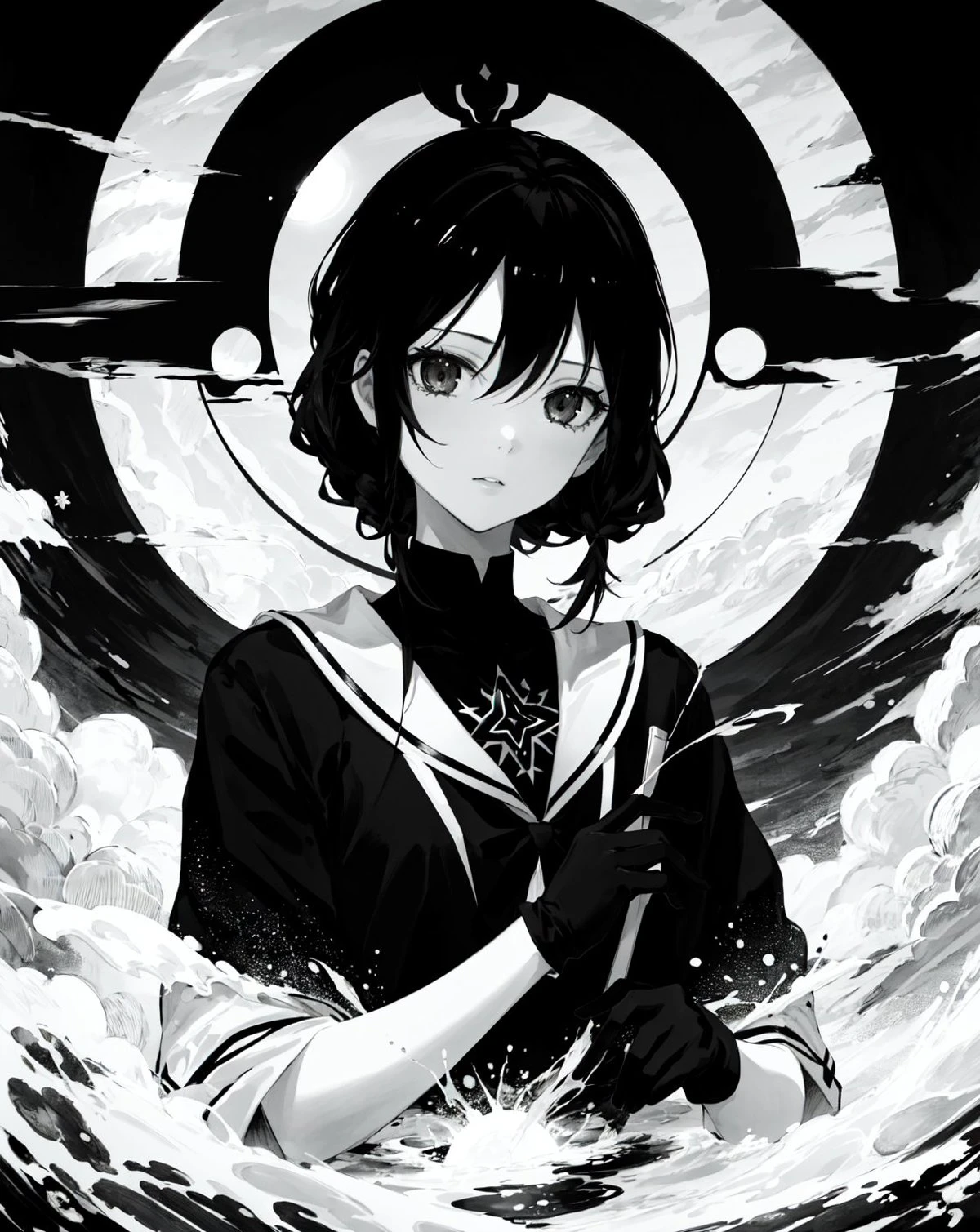 (masterpiece, best quality, high quality, highres, ultra-detailed), <lora:AbstractDarkFantasy:0.8>,<lora:MangaHentaiStyleConceptv2:1.2>, 1girl, black hair, black gloves, sun, dark, monochrome, black and white, (manga:1.2),