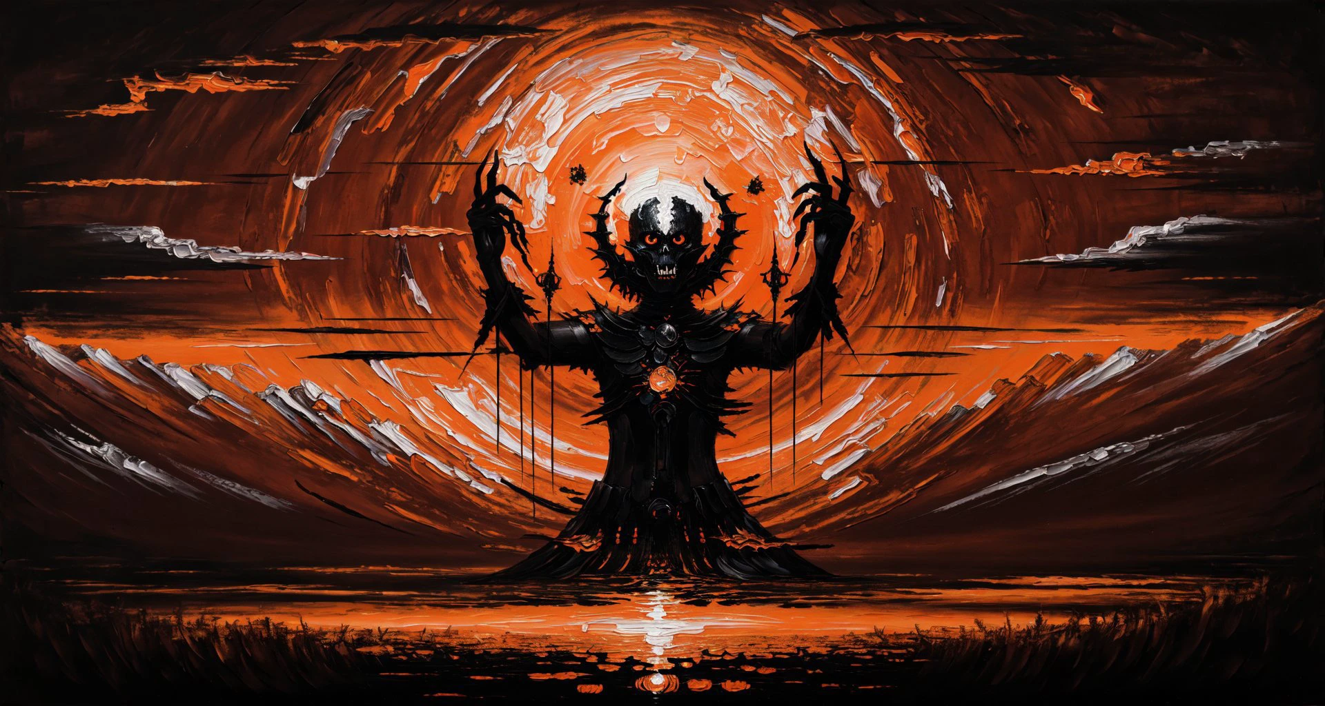 (masterpiece, best quality, high quality, highres, ultra-detailed), <lora:AbstractDarkFantasy:0.8> , (orange:1.4),dark, sun, monster, oil painted