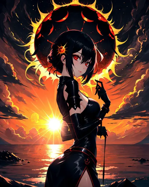 (masterpiece, best quality, high quality, highres, ultra-detailed),  <lora:AbstractDarkFantasy:0.8>, 1girl, black hair, black gloves, sun, dark, monster from behind,