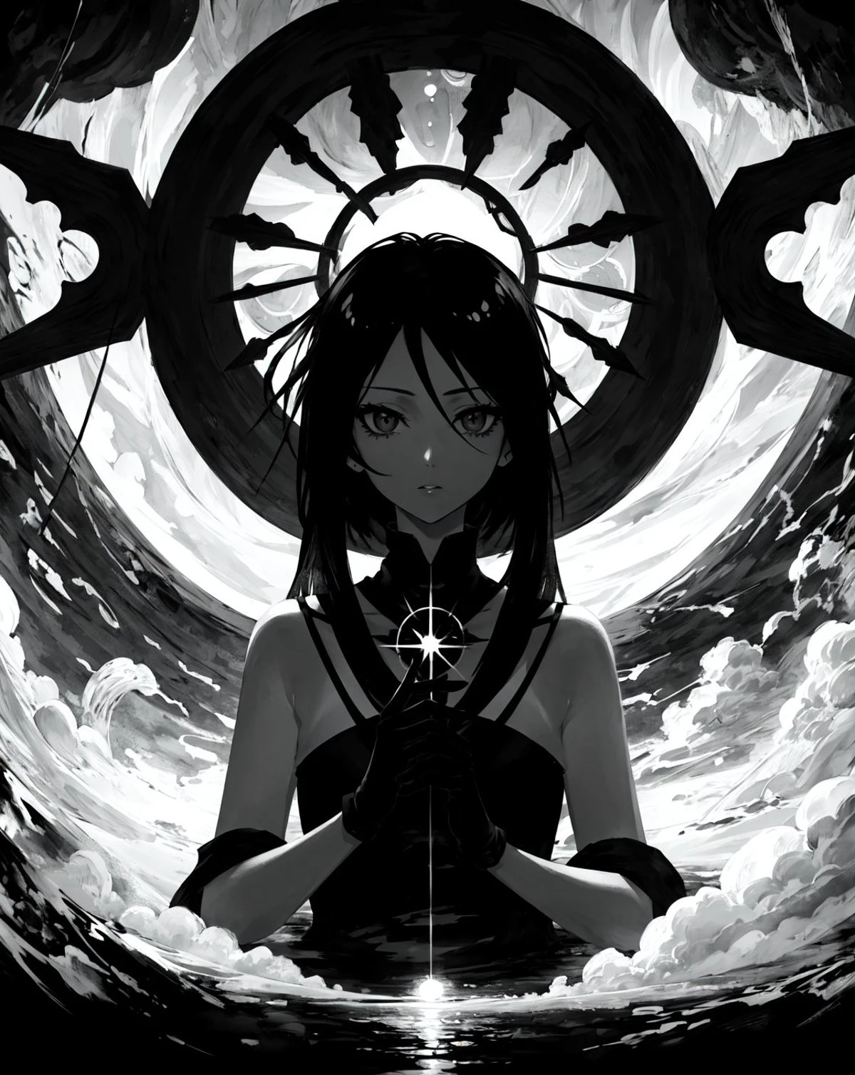(masterpiece, best quality, high quality, highres, ultra-detailed), <lora:AbstractDarkFantasy:1>, <lora:MangaHentaiStyleConceptv2:1.2>, 1girl, black hair, black gloves, sun, dark, monochrome, black and white, (manga:1.2), monster