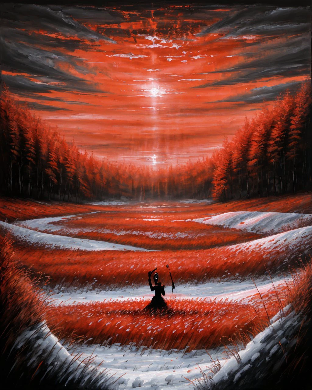 (masterpiece, best quality, high quality, highres), <lora:AbstractDarkFantasy:1>, dark, sun, winter, monster, field of grass,oil painting