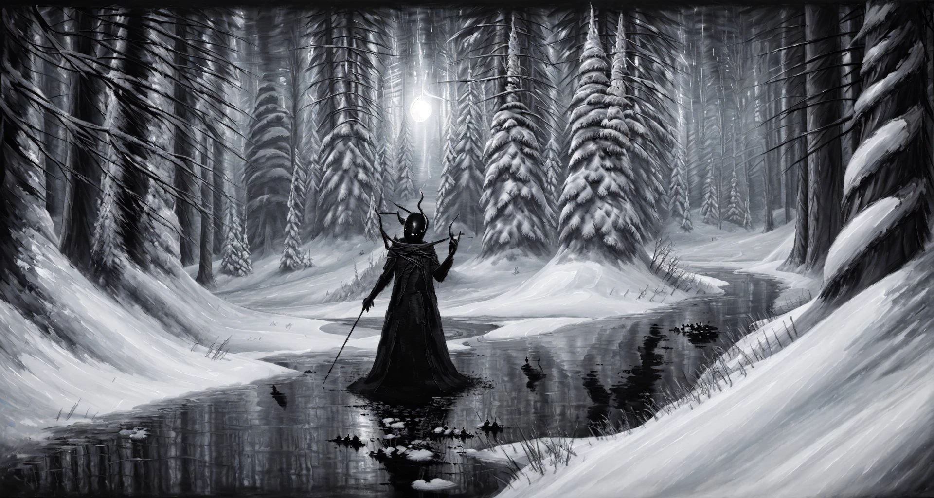 (masterpiece, best quality, high quality, highres, ultra-detailed) <lora:AbstractDarkFantasy:1> , winter, monster,dark, moon, oil painted, forest