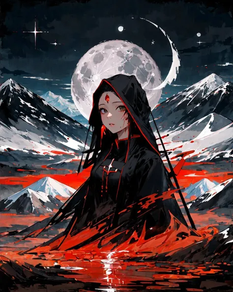 (masterpiece, best quality, high quality, highres, ultra-detailed), <lora:OilAbstractDarkFantasy:1> , black, blood, 1girl, moon, mountain, oil painted, upper body