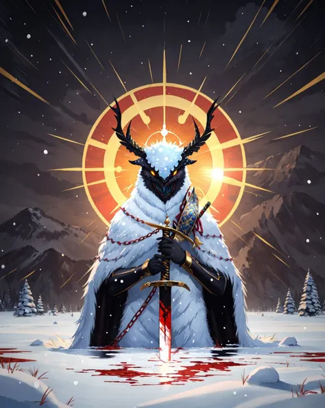 (masterpiece, best quality, high quality, highres, ultra-detailed),  <lora:OilAbstractDarkFantasy:0.4> , white, blood, monster, white sun, oil painted, upper body, sword, winter
