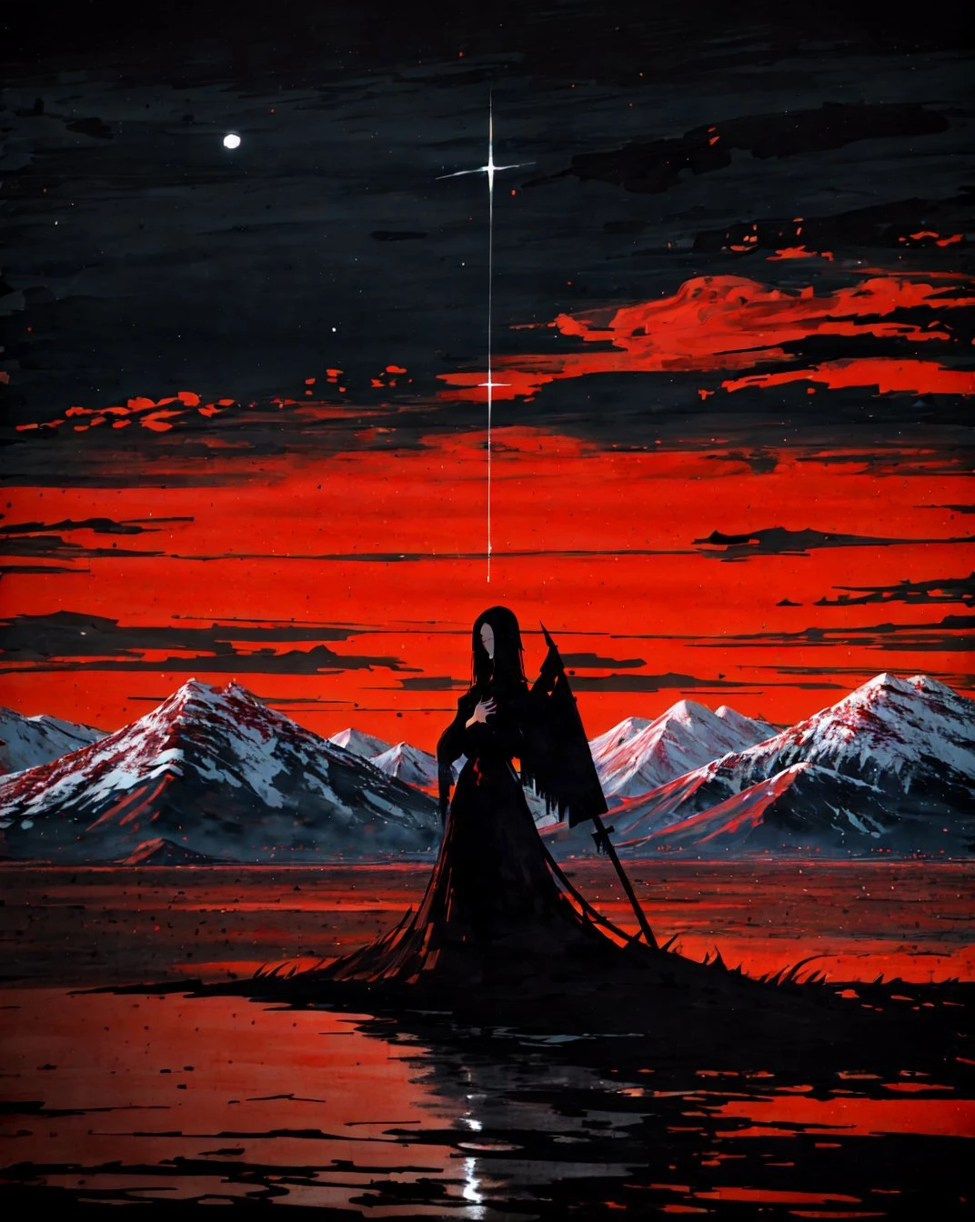 (masterpiece, best quality, high quality, highres, ultra-detailed), <lora:OilAbstractDarkFantasy:1> , black, blood, 1girl, moon, mountain, oil painted, upper body