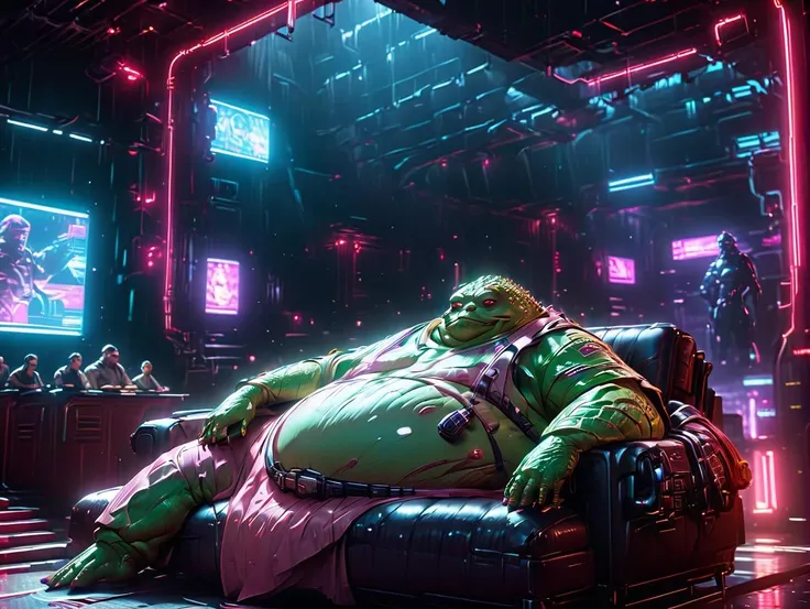 cyberpunk style, advertising poster style, Jabba_the_Hutt \(Star_War\) lying on a lounge couch, watching other people dancing in the dance floor of cyberpunk 2077 nightclub, natural light, Adobe Light front view, (solo, sfw:1.1), (lying on side pose:1.2), Professional, modern, product-focused, commercial, eye-catching, highly detailed, full body <lora:C_projection_holographic_display:1>, neon, dystopian, futuristic, digital, vibrant, detailed, high contrast, reminiscent of cyberpunk genre