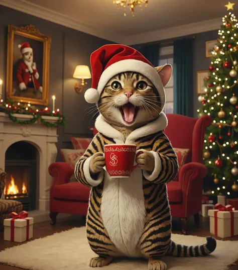 cat in christmas hat is singing and holding a cup of hot chocolate in a dimly lit warm cosy place  at christmas eve,  oil painting, photorealistic, mouse in crocodile onesie by mab graves, singing, visible music notes all around,(masterpiece,best quality, ultra detailed, detailed face, 8k uhd, high quality:1.2), bold, very emotional, (full body shot:1.2), intricate christmas decorated living room in background, masterpiece, breathtaking, hq, 8k, 3d render, volumetric lighting, artstation (cfg:1.85)