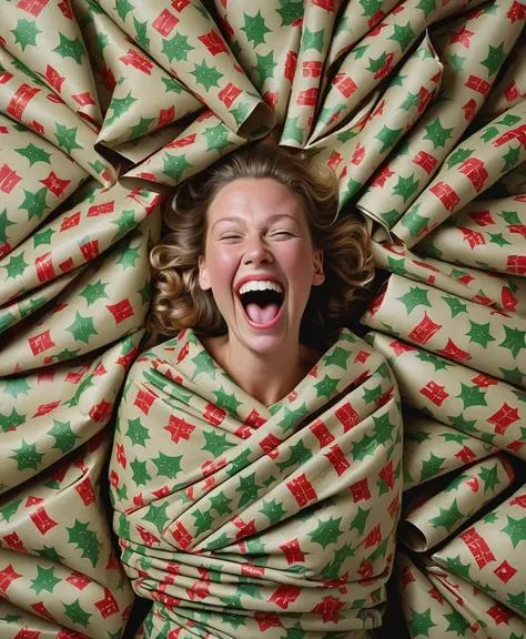 woman 30yo laughing in wrapped christmas paper by Hendrik Kerstens, digital oil painting,textured painting, 8k, hq, dramatic lighting, wide angle (cfg_scale 2.1