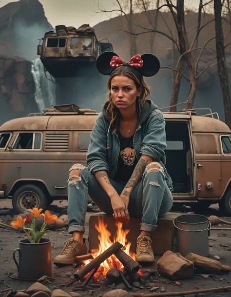 closeup of a tattood woman in combat attire and mickey mouse ears and ripped jeans sitting at a campfire in front of a rusty old camper in a dystopian world with floods, waterfall, fire and smoke by filip hodas, digital oil painting in the style of nicola samori, digital painting, 8k, hq, dramatic lighting, wide angle (cfg_scale 2.1)