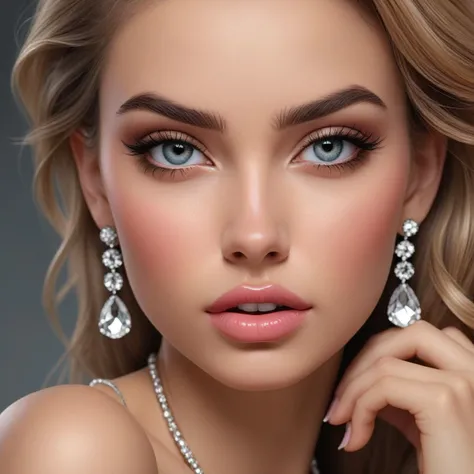  standing,  jewelry, orange dress, with a daisy design (insanely detailed, beautiful detailed face, masterpiece, best quality), cleavage, piercing blue eyes, Scarlett Johanson. Wearing large diamond jewlery of various kinds.