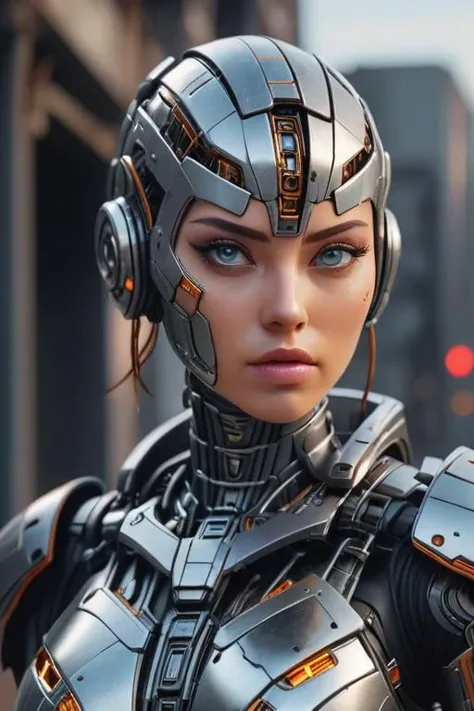 professional 3d model of robot, medium shot photo of cyborg wearing scratched and tarnished futuristic armor in a destroyed futuristic city, android head, fantasy, sci-fi, beautiful feminine face, seductive, sexual, mist, vivid alluring eyes, best quality masterpiece, photorealistic, detailed, 8k, HDR, shallow depth of field, broad light, high contrast, backlighting, bloom, light sparkles, chromatic aberration, sharp focus, RAW color photo <lora:cyborg_style_xl:1.5>, octane render, highly detailed, volumetric, dramatic lighting