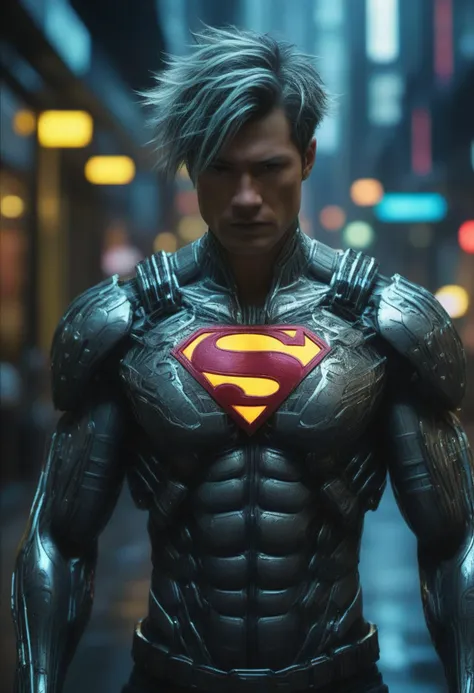 biomechanical cyberpunk In the heart of an enigmatic dystopian cyberpunk metropolis, bioluminescent superman, human-machine fusion, body is adorned with intricate neon biomechanical augmentations that glow, energy core pulsating rhythmically beneath his skin exuding a punk rock vibe, ray tracing, dirty and noisy yet eerily unsettling, he is the embodiment of this grim world's suspenseful underbelly, . cybernetics, human-machine fusion, dystopian, organic meets artificial, dark, intricate, highly detailed,