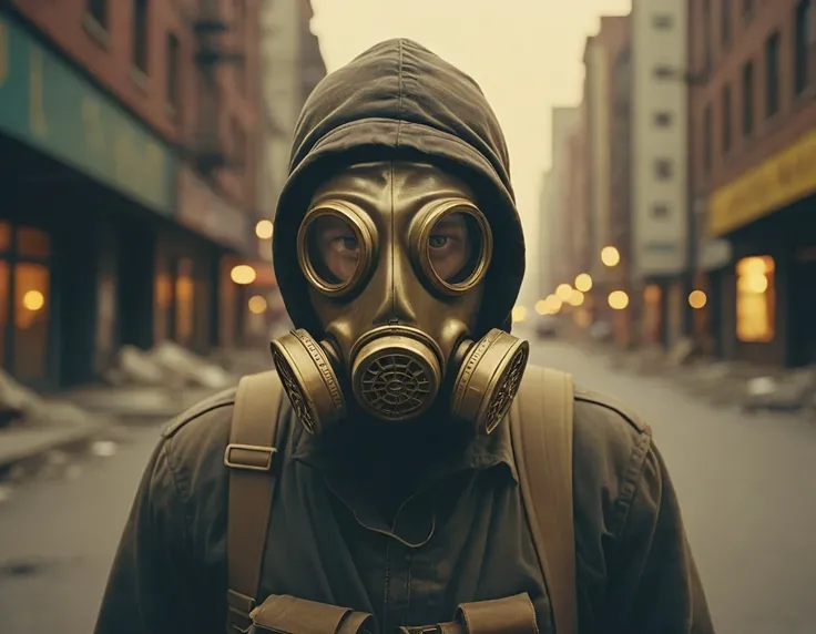 POV shot, A lone figure in a gas mask, exploring a post-apocalyptic city., (Ektachrome, Romantic, Realism, flat lighting, gilded technique, DOF, bokeh :1.3)