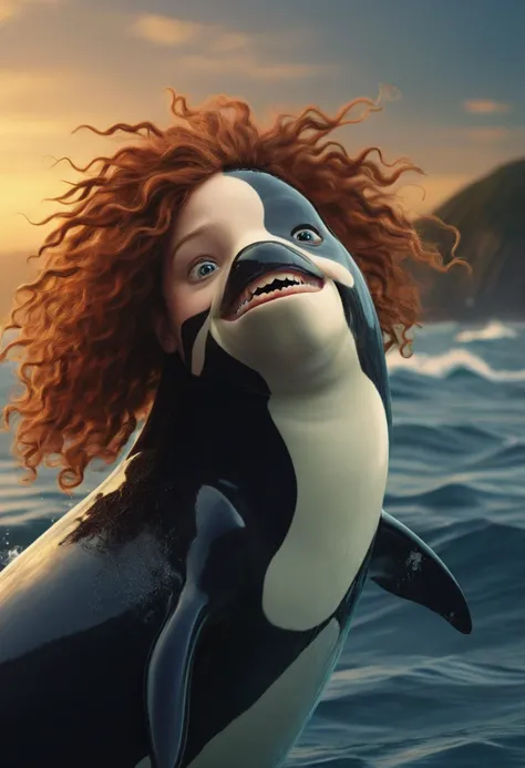 professional breathtaking cinematic movie still of an anthropomorphic orca with hair that is auburn curls