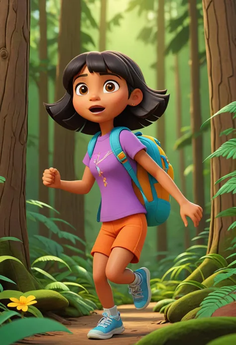 A dynamic animated portrayal of Dora the Explorer running through a cartoon forest adventure, (animated forest details:1.4), (dynamic and vivid cartoon colors:1.3), (animated forest inhabitants:1.4), Nickelodeon film noir cartoon style, reminiscent of Rocko's Modern Life and Hey Arnold!, (quirky and animated:1.4), 4K UHD image, Animated, (evocative:1.3), (playful and whimsical:1.2), (Cartoon Network flair:1.3)<lora:more_details:1.0>