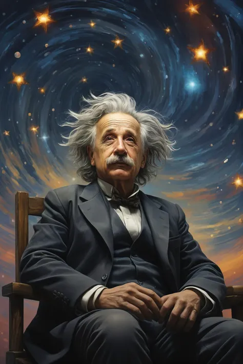 A surreal,high-quality image of Einstein sitting under a starry night sky,a look of wonder in his eyes as he gazes at the cosmos,the stars and galaxies artistically swirling around,symbolizing his contributions to our understanding of the universe,the scene blending realism with a touch of magical realism,high-resolution,a sense of connecting the macrocosm and microcosm,rich and deep color palette,capturing the awe of scientific discovery,ultra HD.,