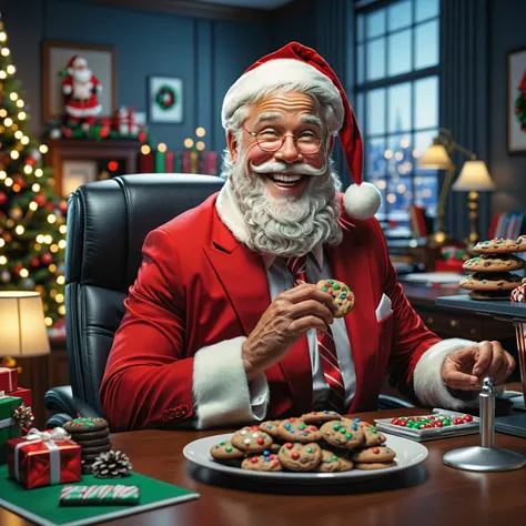 ASCIIA close up of his hands with knuckles and flesh and fingernails, Santa Claus wearing a business suit and looking very formal, sitting behind his office desk, the office is decorated in North pole themed tchotchkes, Santa has a big smile and is sitting behind his desk with a warm and inviting look, on his desk is a plate of chocolate chip cookies, Photorealistic Cinematic lighting 4K quality super realistic detailed photo style cinematic 35mm rich deep colors masterpiece ultra high resolution photorealism 8k hyper realism fujifilm