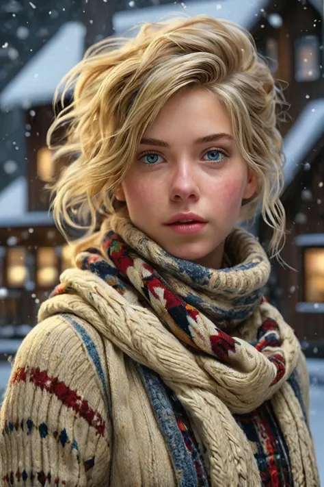 16k, masterpiece, photorealistic, a cute english girl, iced eyes, butter blonde quiff hair, buff skin, soft skin texture, skin grain, wool knitted intricate clothes, harlequin scarf, outside a wood forest lodge, nightime, heavy falling snow, majestic mountains, winter