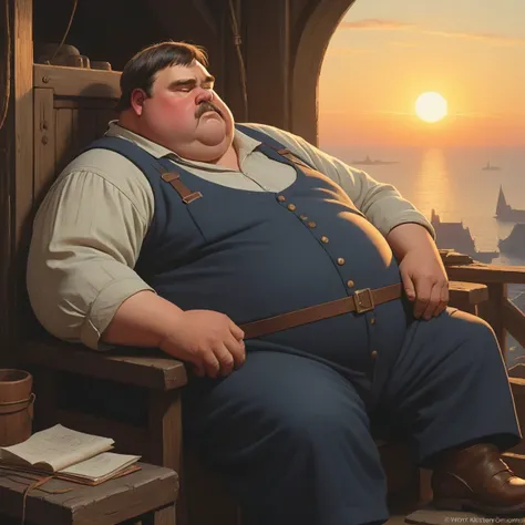 dark art by John William Waterhouse, Digital art, Portrait, Colouring sheet of a 1960'S 46 year old obese Family, Siege engineer, sleeping pose, they have Blunt bangs hair, at Sunrise, deep focus, Ethereal Lighting
