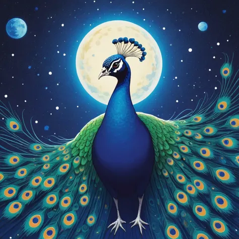 professional, Peacock of Bliss, the Peacock is Magical and Stunning, space, Space-time curvature, stars and moons, dark with bright Navy Blue spots at Midday, Vivid, Paint splotches, (anime art designed by Kunio Okawara:0.7)